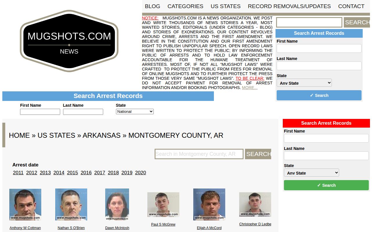 Unofficial Montgomery County mugshot archive record page with stale material through 2020